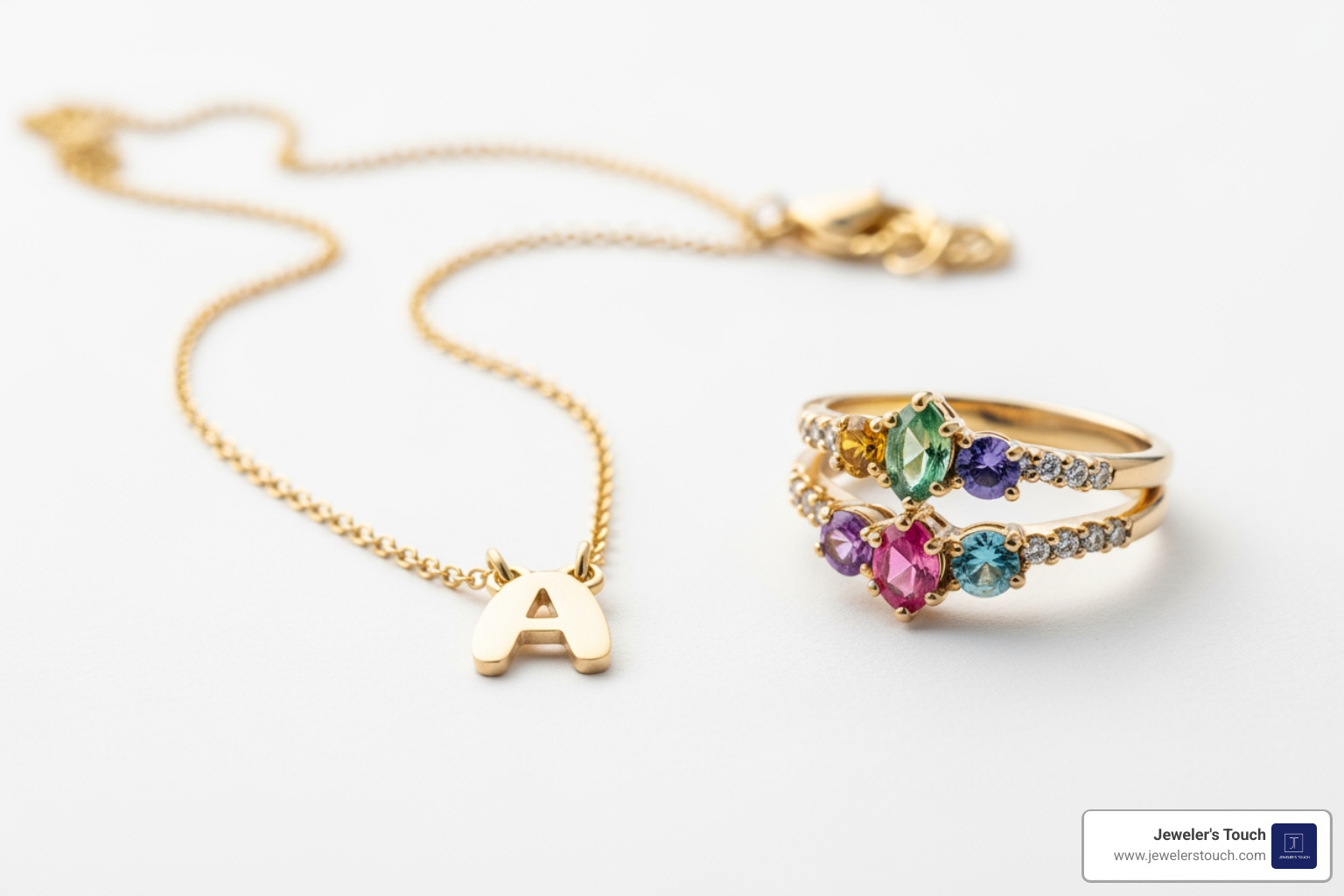 A beautiful set featuring a personalized initial necklace and a custom birthstone ring A beautiful set featuring a personalized initial necklace and a custom birthstone ring