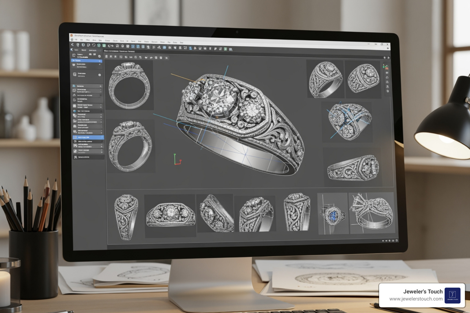 A high-tech CAD rendering of a custom ring design showing every detail before casting A high-tech CAD rendering of a custom ring design showing every detail before casting
