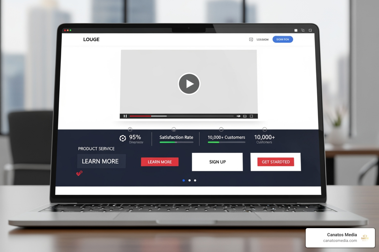 A business landing page featuring a prominent video player that increases conversion rates by 80%
