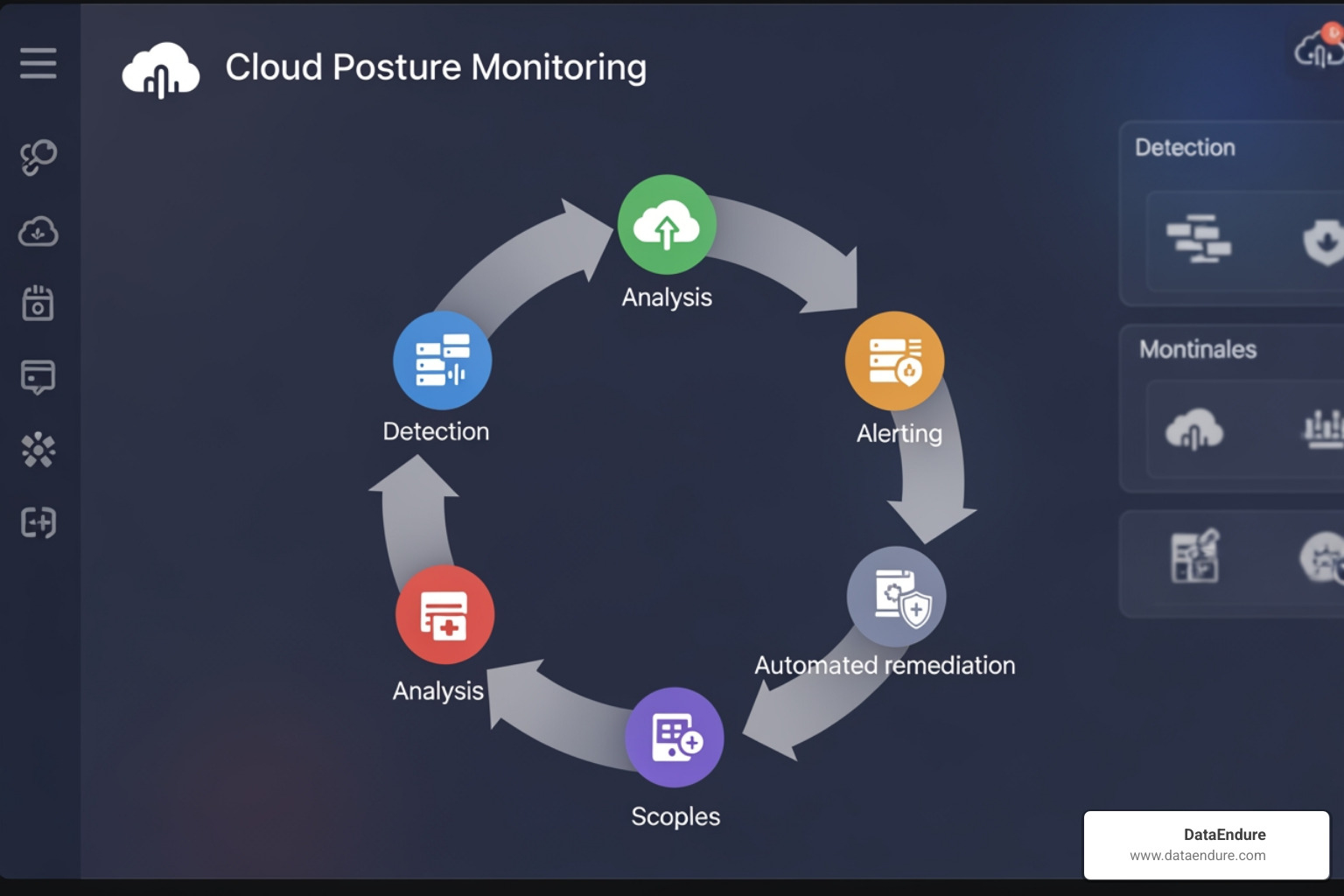 Graphic showing the cycle of continuous cloud posture monitoring, from detection to automated remediation Graphic showing the cycle of continuous cloud posture monitoring, from detection to automated remediation