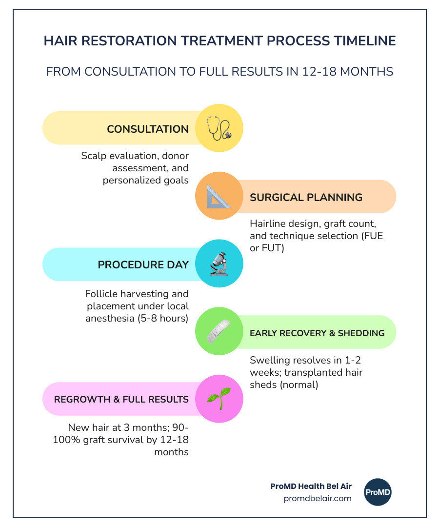 Hair restoration timeline infographic from consultation to 12-month full results infographic