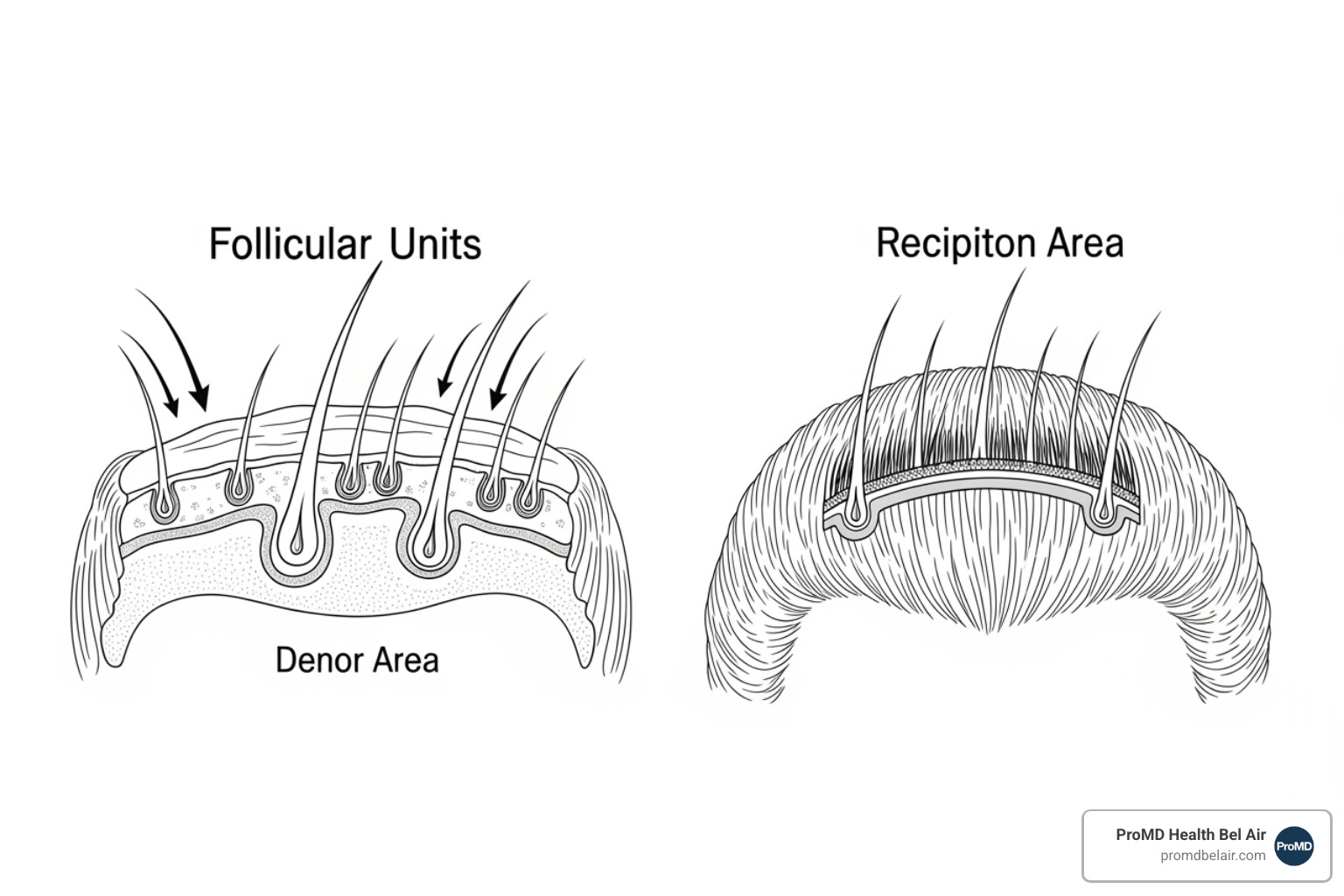 Follicular units and graft placement diagram showing donor and recipient areas