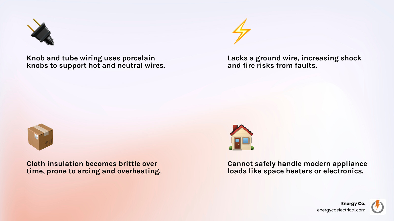 Infographic comparing knob and tube wiring vs modern grounded wiring: components, safety features, grounding infographic