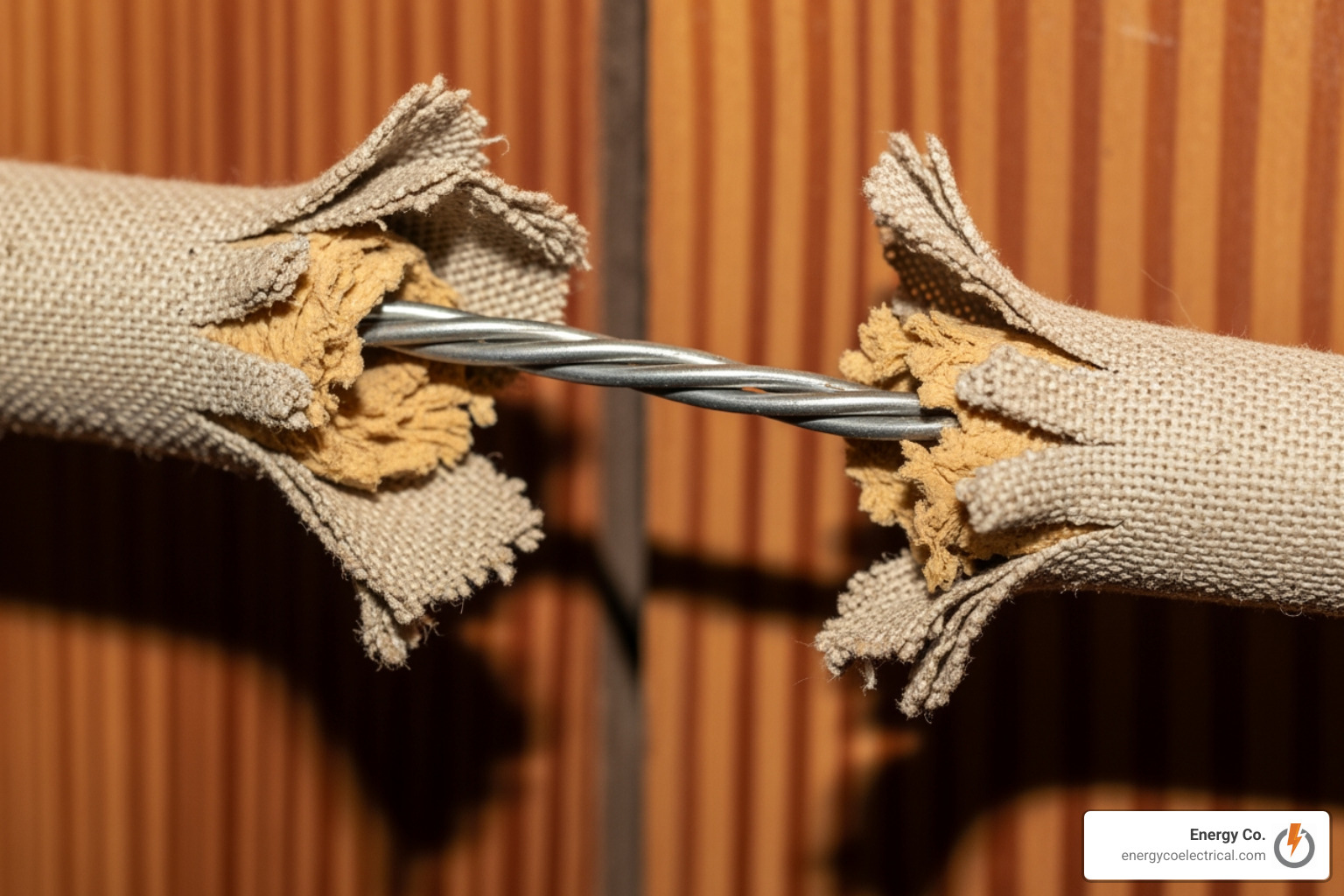 Deteriorated cloth-insulated wiring showing bare copper and brittle fragments