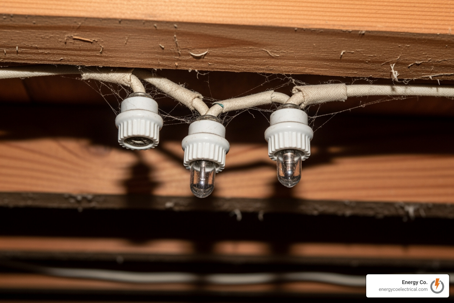 Porcelain knobs and tubes visible along basement ceiling joists