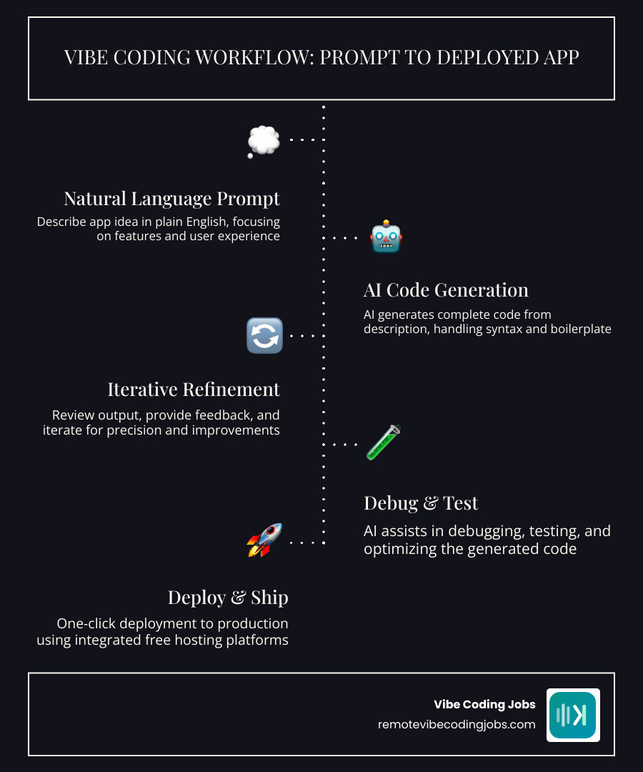 Vibe coding workflow infographic: from natural language prompt to deployed app, showing key free tools at each stage