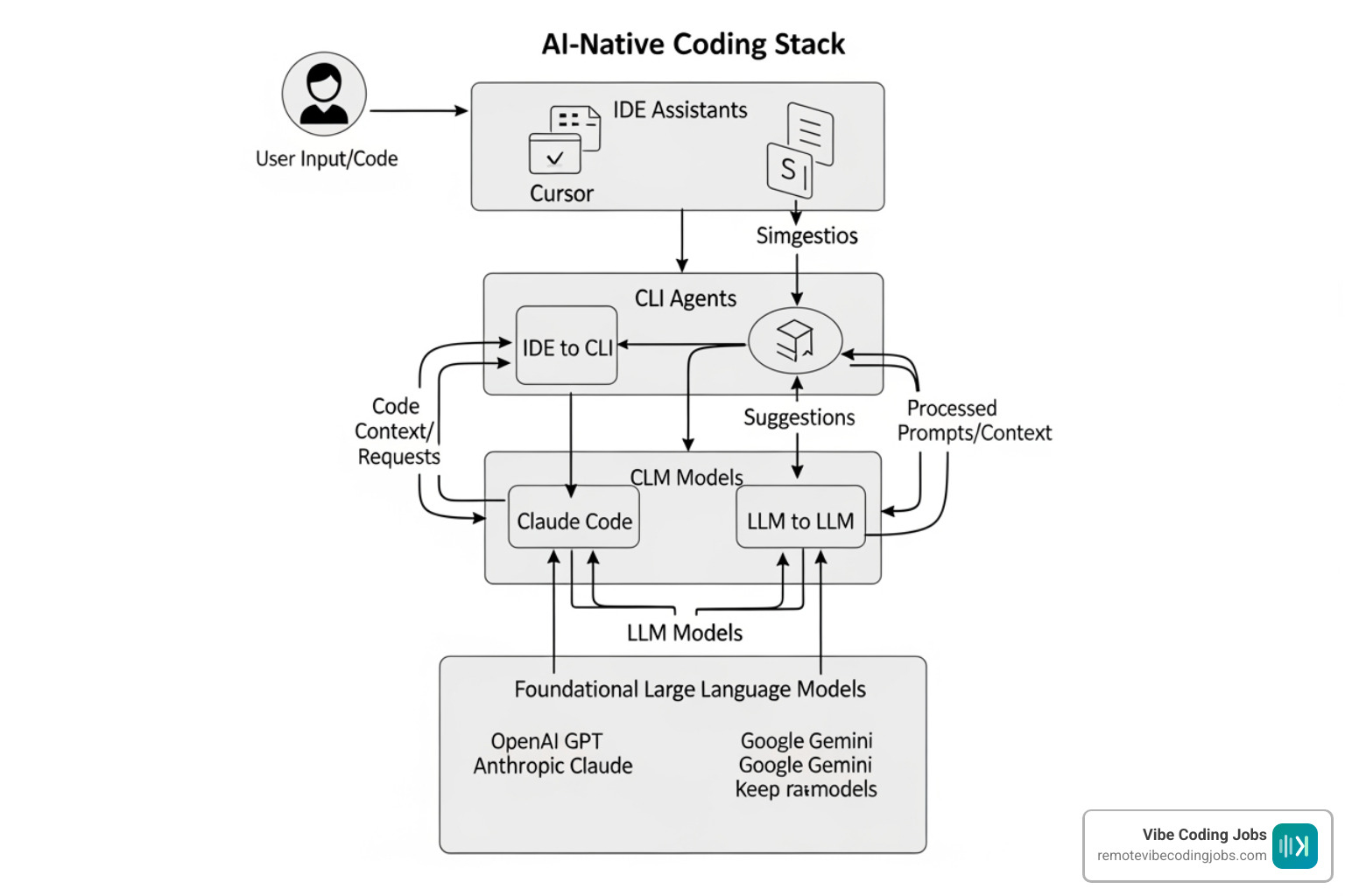 diagram of an AI-native coding stack showing IDE, CLI agents, and LLM layers