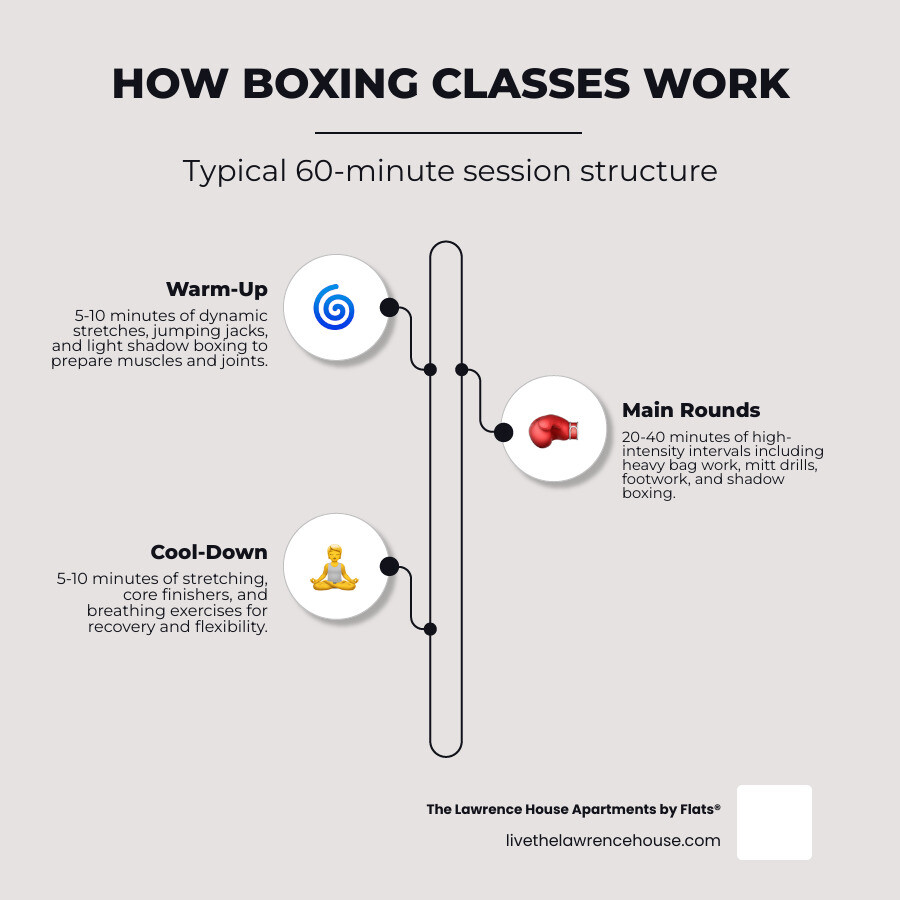 How boxing classes work from warm-up through rounds to cool-down infographic infographic
