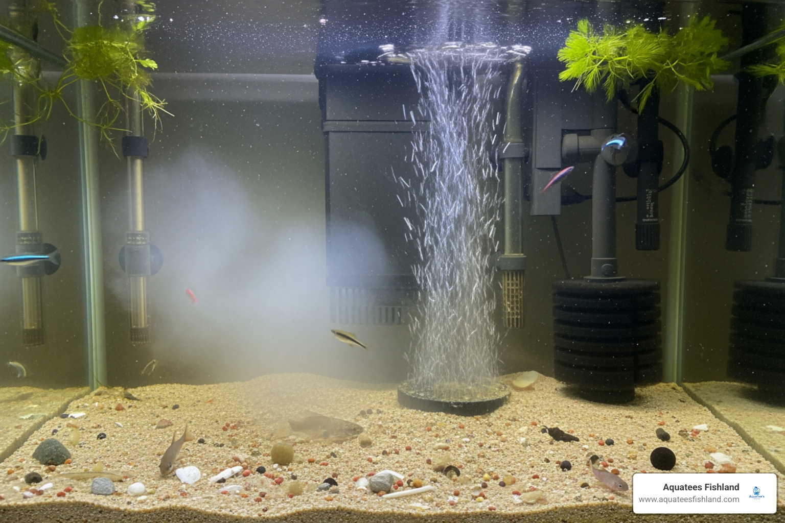 Visual example of poor water flow and debris accumulation in an aquarium