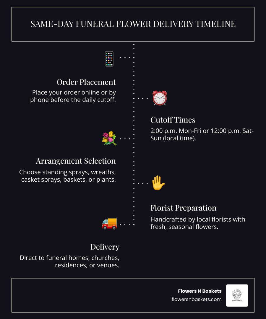 Same-day sympathy flower delivery timeline infographic showing cutoff times, arrangement types, and delivery locations