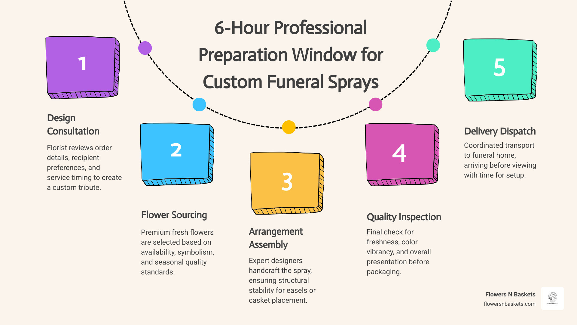 Infographic showing the 6-hour professional preparation window required for custom funeral sprays infographic