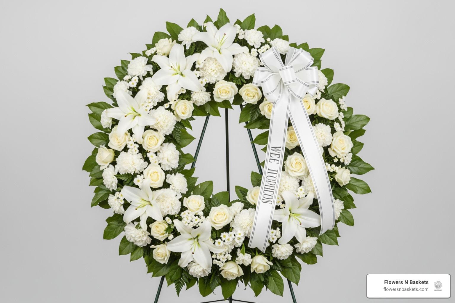 Traditional white funeral wreath on a standing easel
