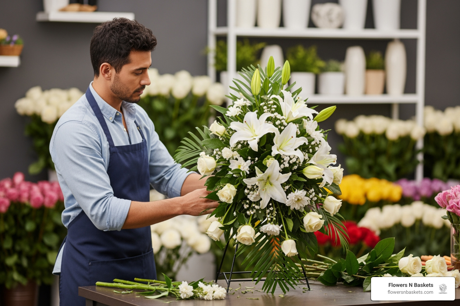 Professional florist preparing a standing spray for a funeral service