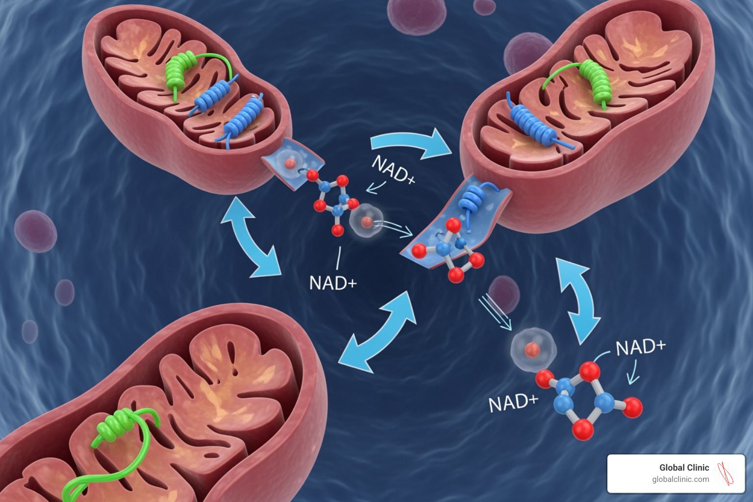 Visual representation of the cellular energy cycle and the role of NAD+ in mitochondrial ATP production