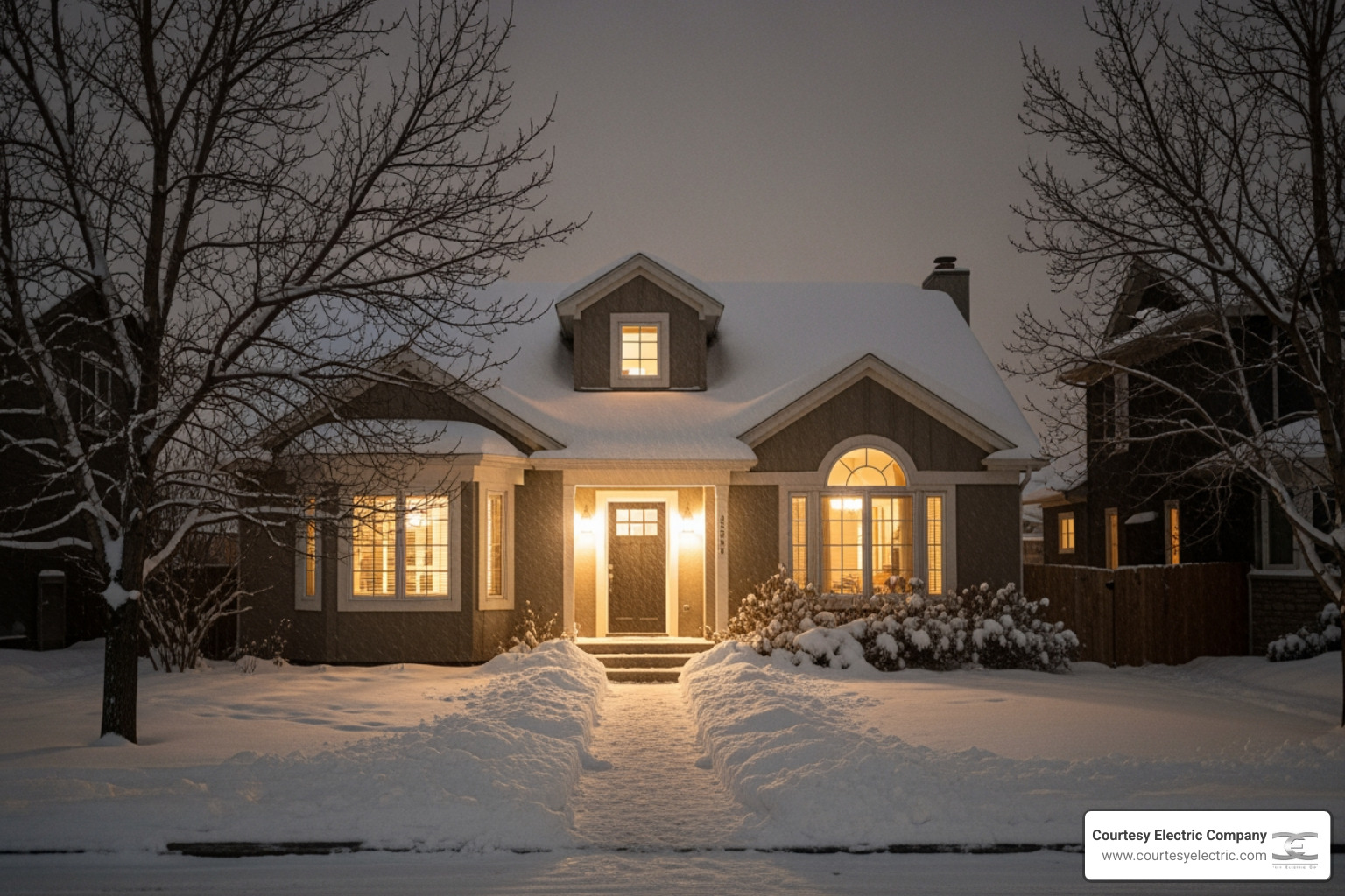 snow-covered Denver home during a winter storm with lights on inside