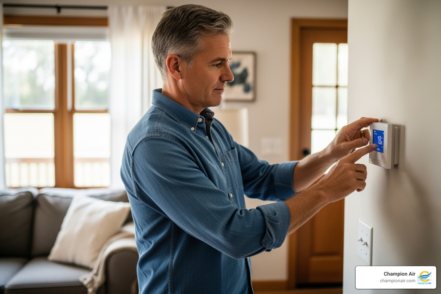 homeowner checking a digital thermostat display