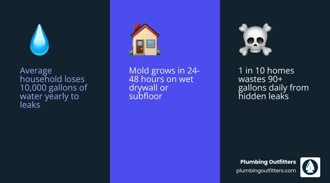 Infographic: hidden water leak progression from small drip to structural damage, mold, and high bills infographic Infographic: hidden water leak progression from small drip to structural damage, mold, and high bills infographic