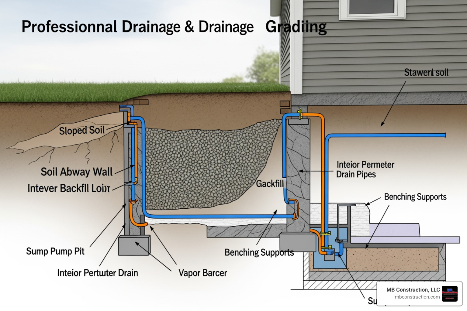 Diagram of professional crawl space drainage and grading Diagram of professional crawl space drainage and grading
