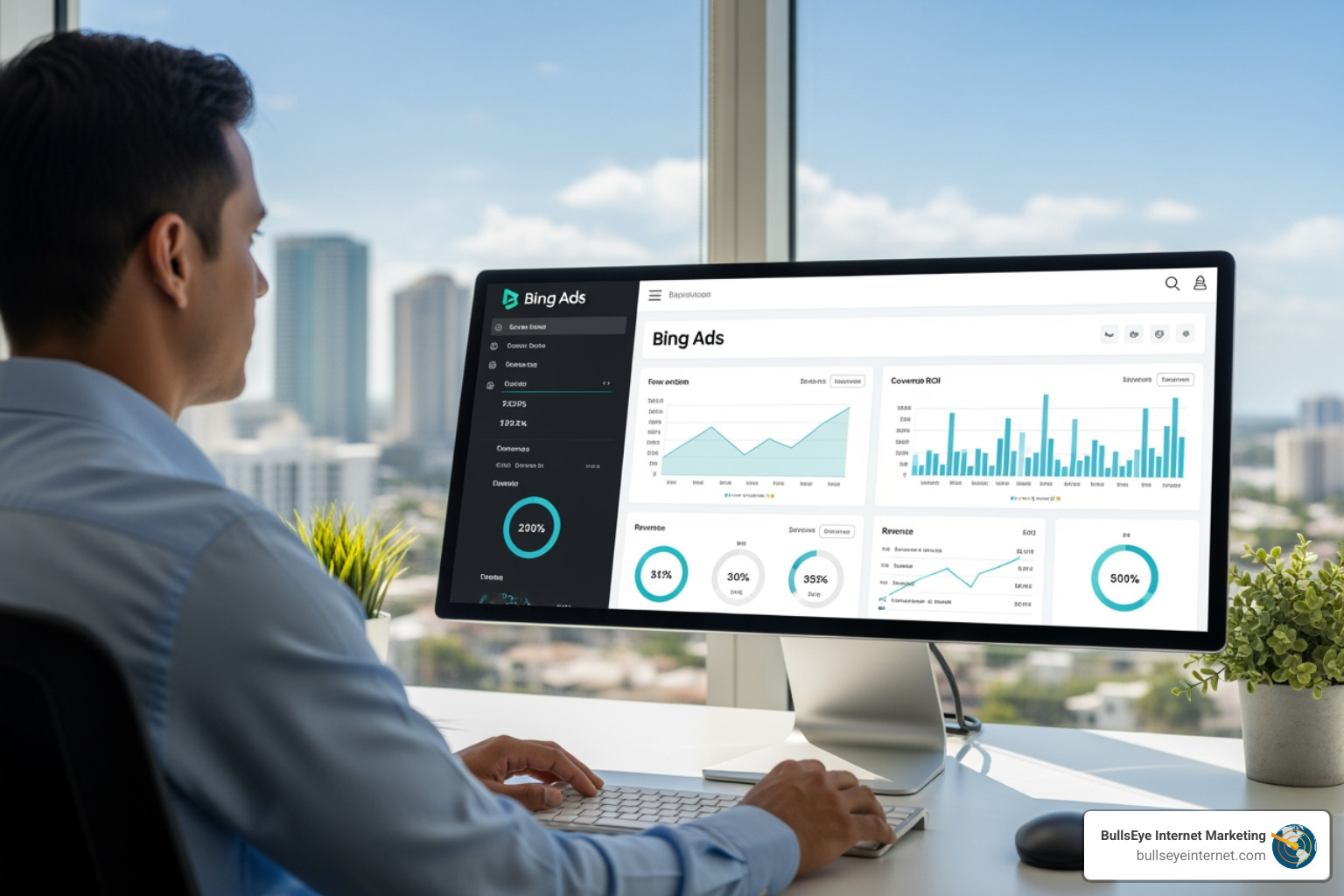 Man analyzing Bing Ads campaign performance dashboard on computer monitor, demonstrating exclusive PPC management.