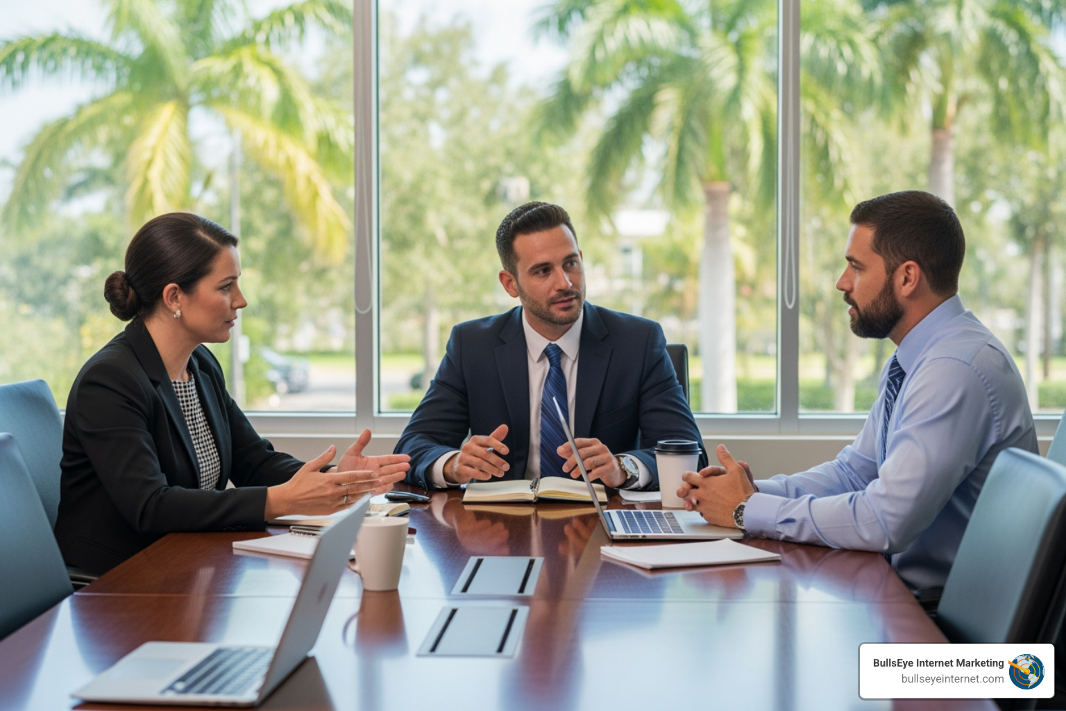 Business professionals discussing exclusivity and client policies during a consultation.