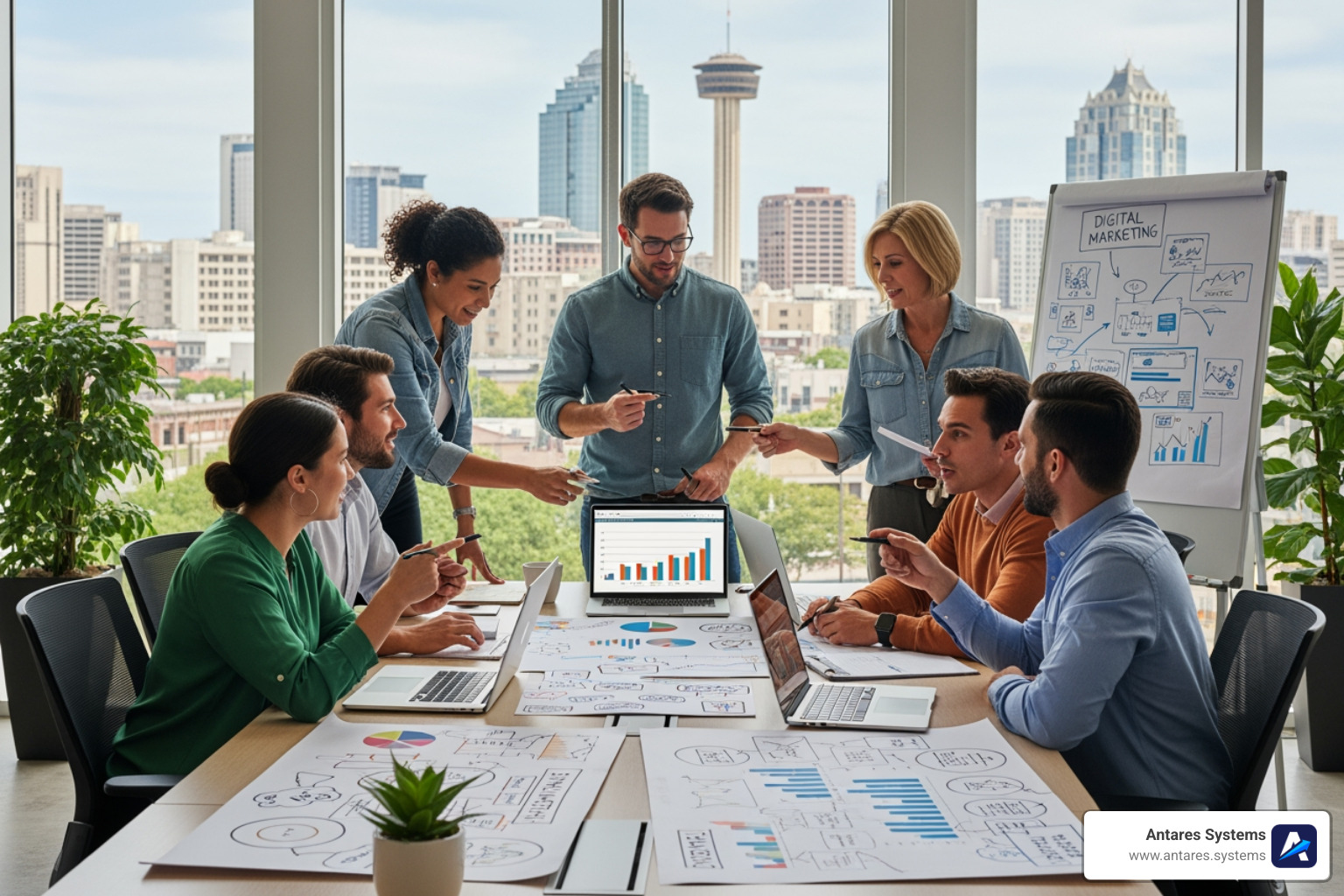 Diverse marketing team collaborating on a digital strategy in a San Antonio office