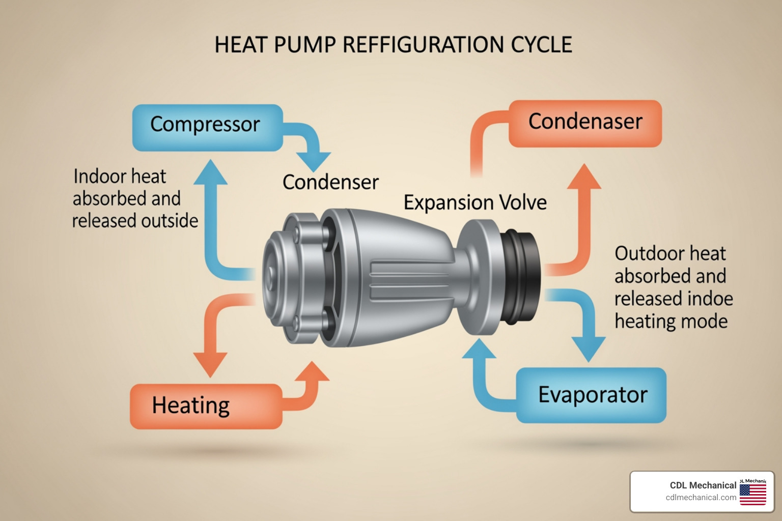 Infographic explaining the heat pump refrigeration cycle showing the compressor, condenser, expansion valve, and evaporator