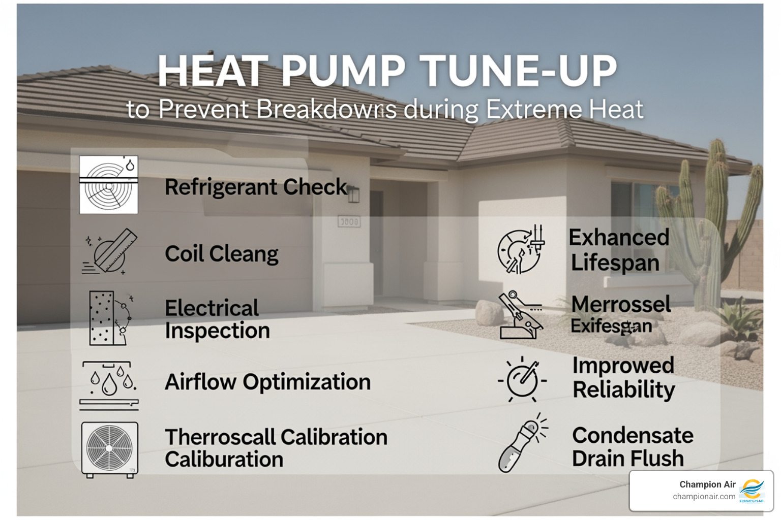 Infographic showing how a heat pump tune-up prevents extreme heat breakdowns with key tasks and benefits