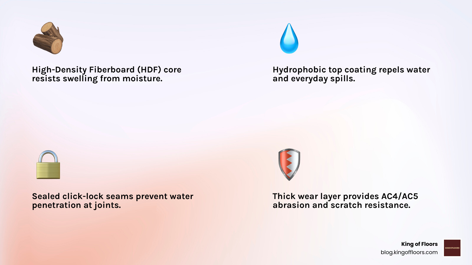 Infographic: 4 key features of water-resistant laminate: HDF core, hydrophobic coating, sealed seams, wear layer rating