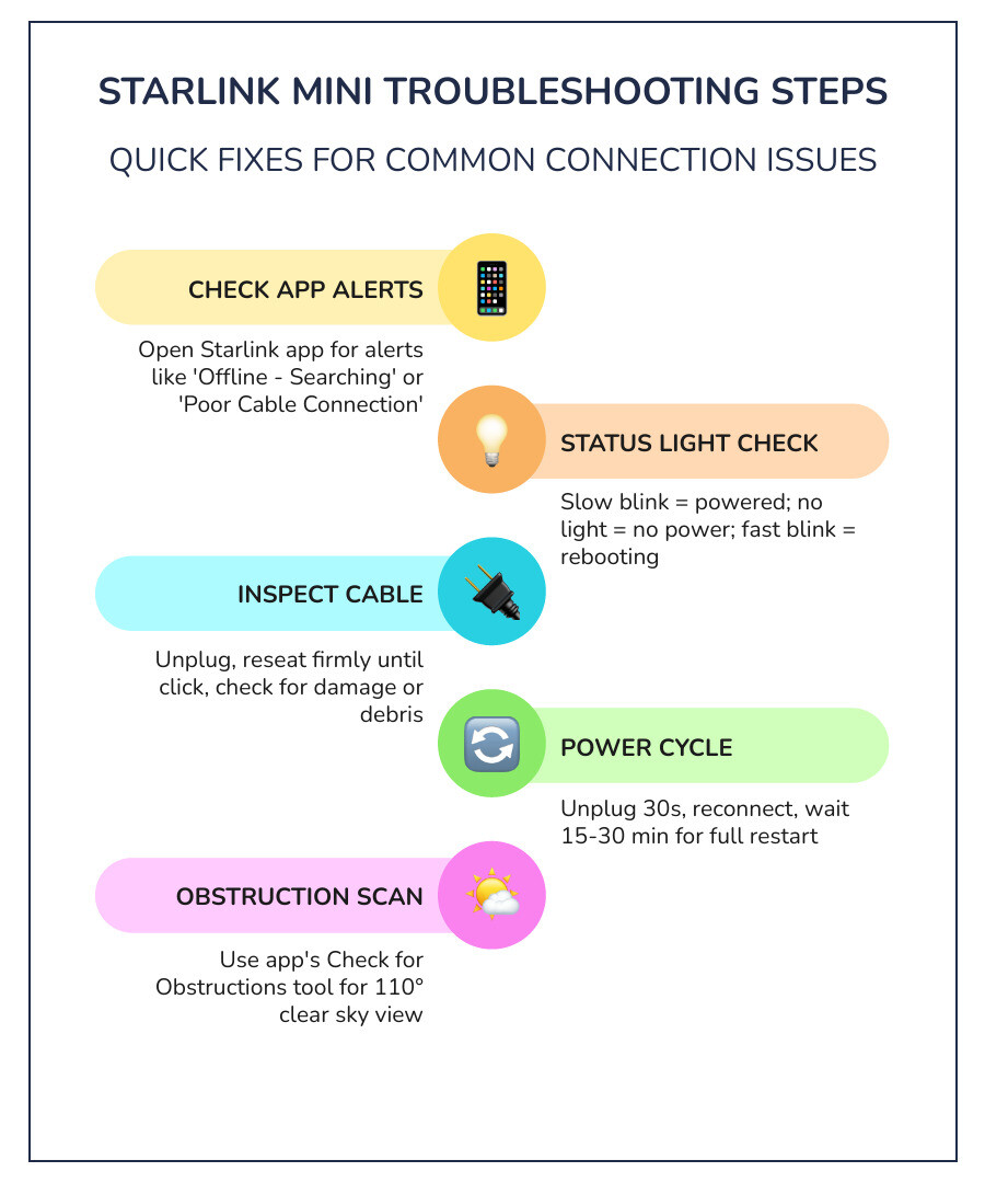 Starlink Mini troubleshooting steps boot process status lights power cycle obstruction check infographic infographic