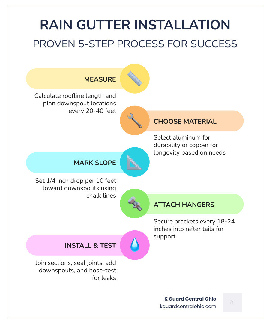 Step-by-step overview of rain gutter installation: slope, hanger spacing, downspout placement infographic Step-by-step overview of rain gutter installation: slope, hanger spacing, downspout placement infographic
