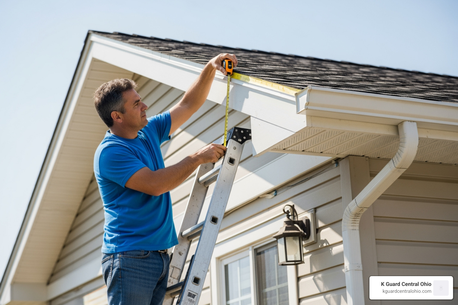 homeowner measuring a roofline for gutter installation homeowner measuring a roofline for gutter installation
