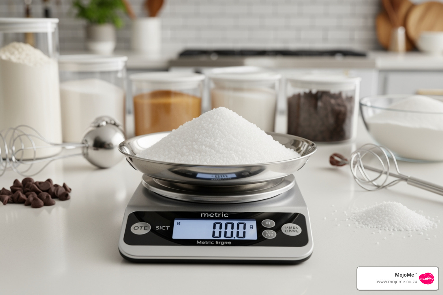 allulose being weighed on a metric scale in a Cape Town kitchen allulose being weighed on a metric scale in a Cape Town kitchen