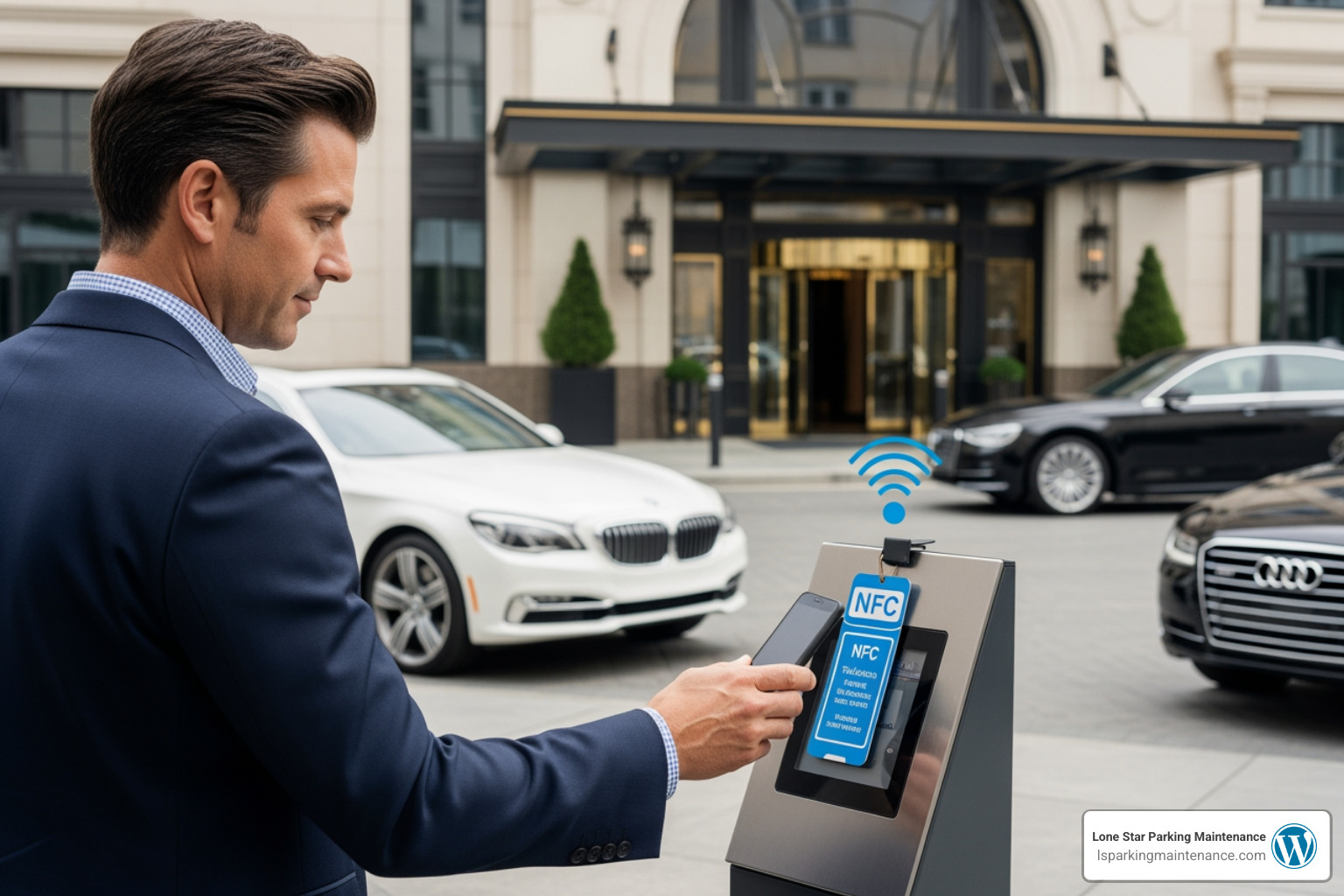 Customer scanning an NFC tag at a valet stand to initiate a parking session Customer scanning an NFC tag at a valet stand to initiate a parking session