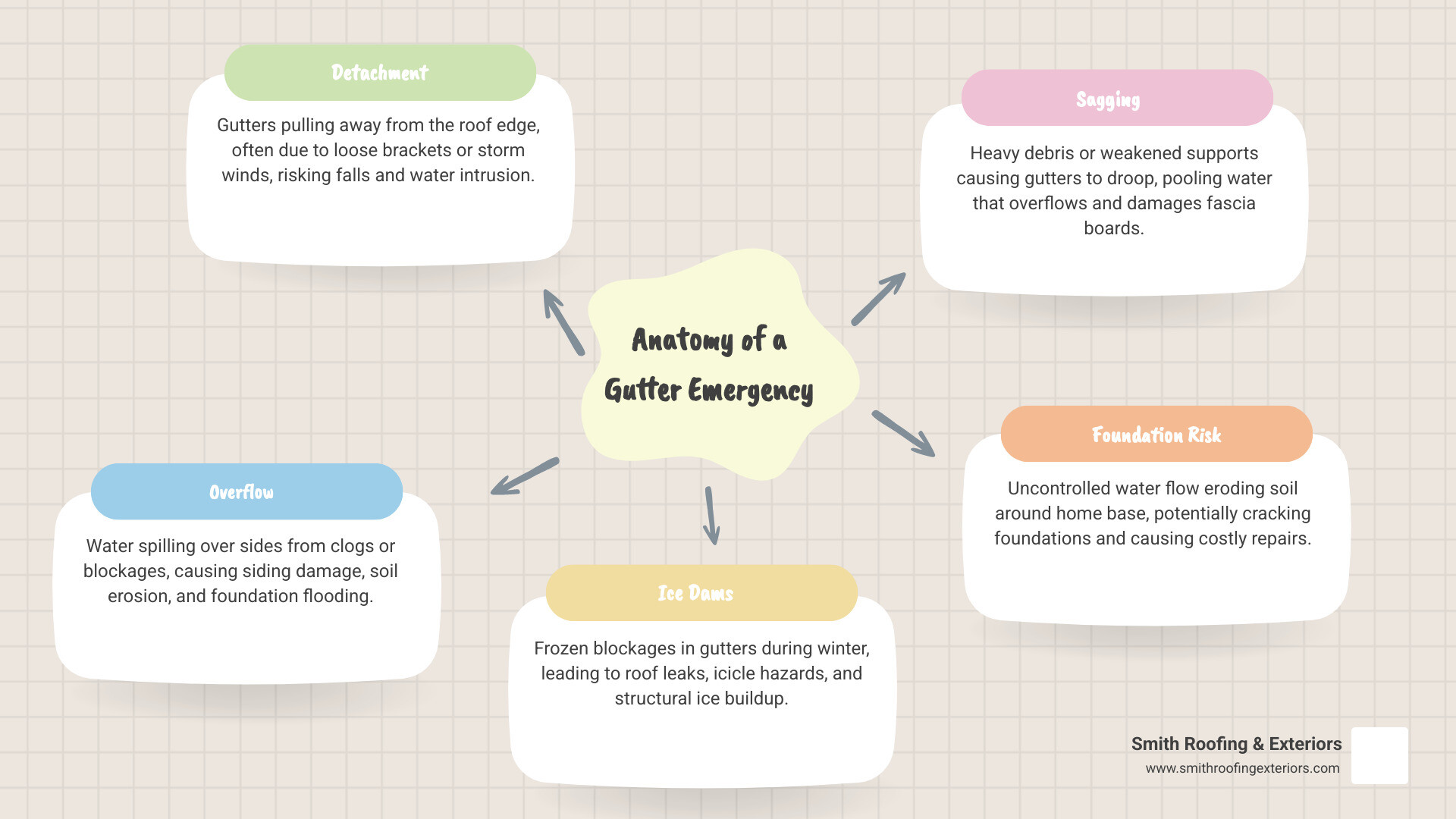Infographic showing anatomy of a gutter emergency: detachment, overflow, ice dams, foundation risk, and immediate action Infographic showing anatomy of a gutter emergency: detachment, overflow, ice dams, foundation risk, and immediate action