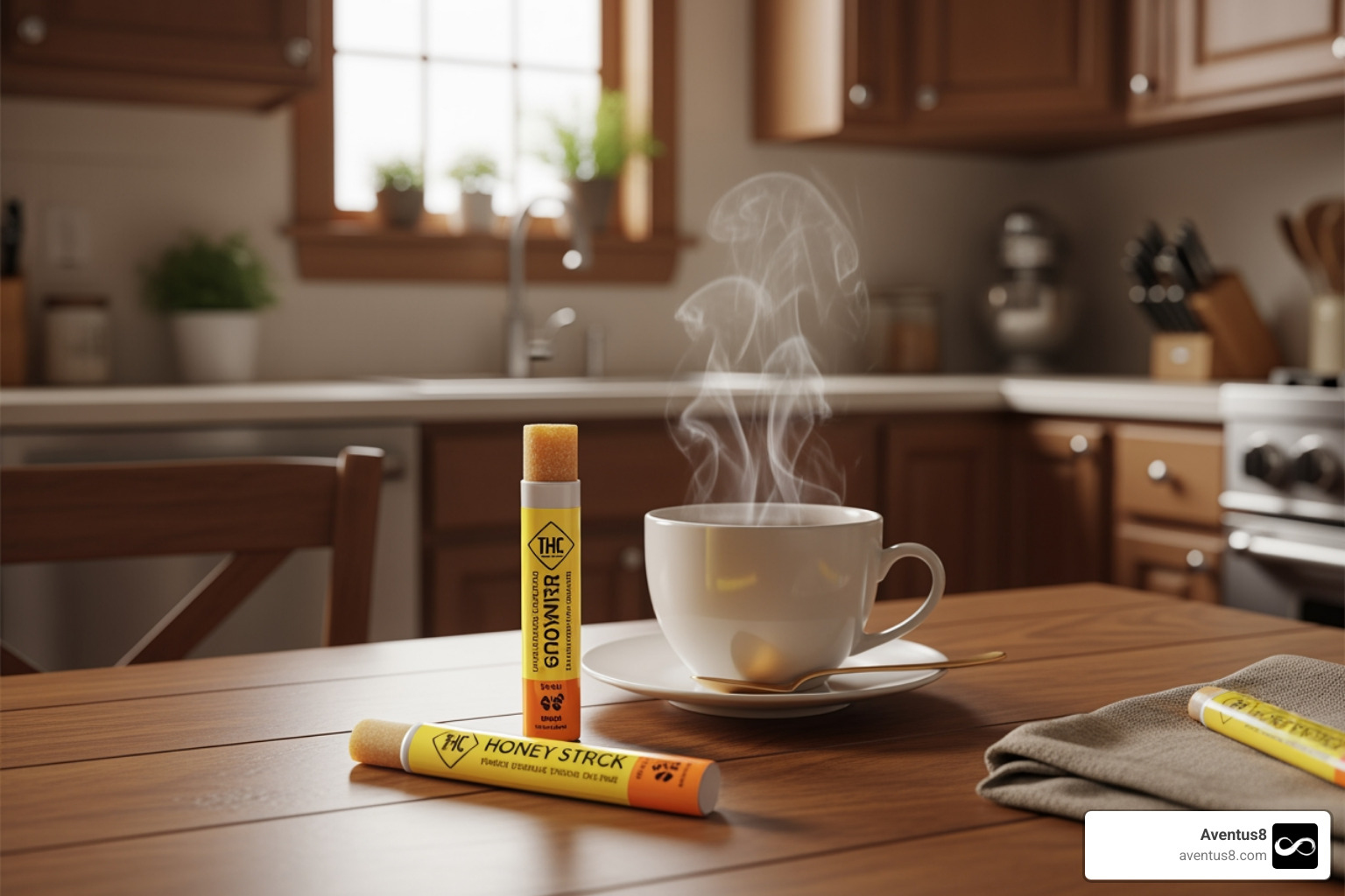 Portable THC honey sticks next to a cup of tea