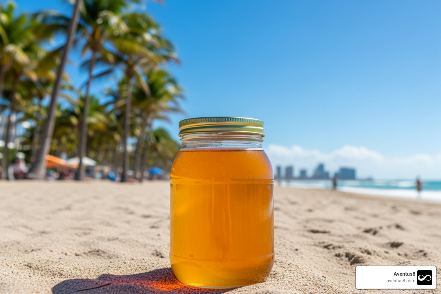Honey jar on a sunny Hollywood beach with palm trees