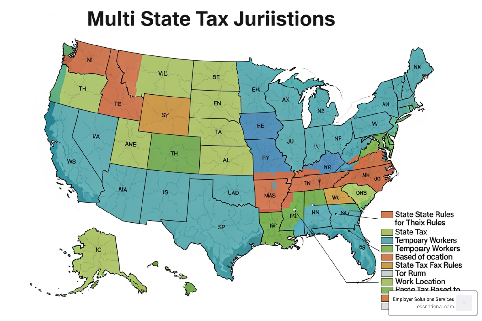 Digital map showing multi-state tax jurisdictions for staffing agencies Digital map showing multi-state tax jurisdictions for staffing agencies