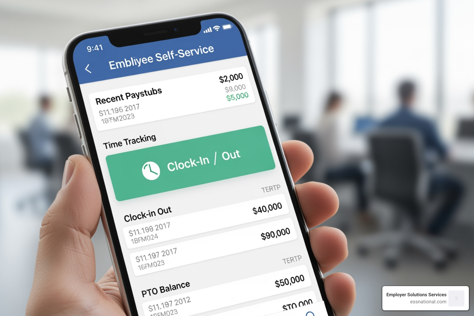 Mobile employee self-service portal showing paystubs and time tracking Mobile employee self-service portal showing paystubs and time tracking