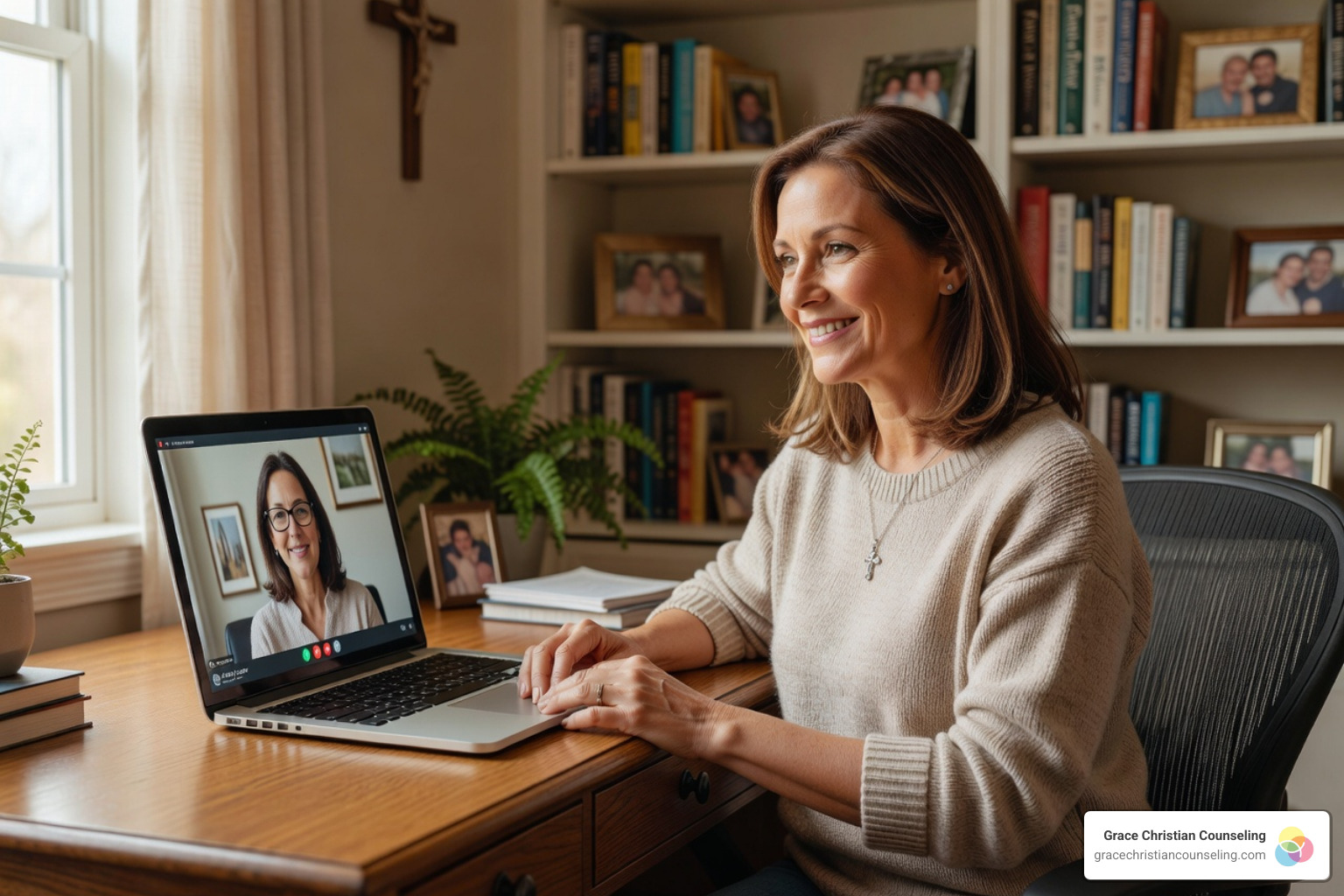 A person smiling during an online therapy session on a tablet, showing comfort and engagement. - online christian therapy