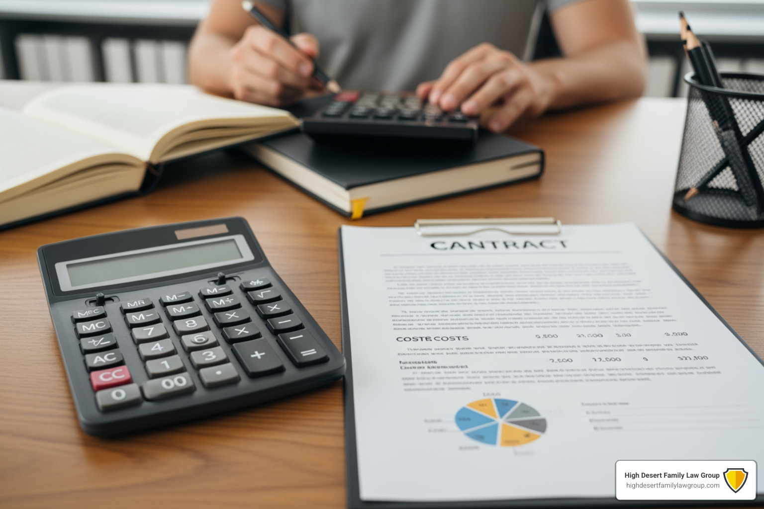 Calculator next to a legal contract representing the breakdown of Arizona postnuptial agreement costs Calculator next to a legal contract representing the breakdown of Arizona postnuptial agreement costs