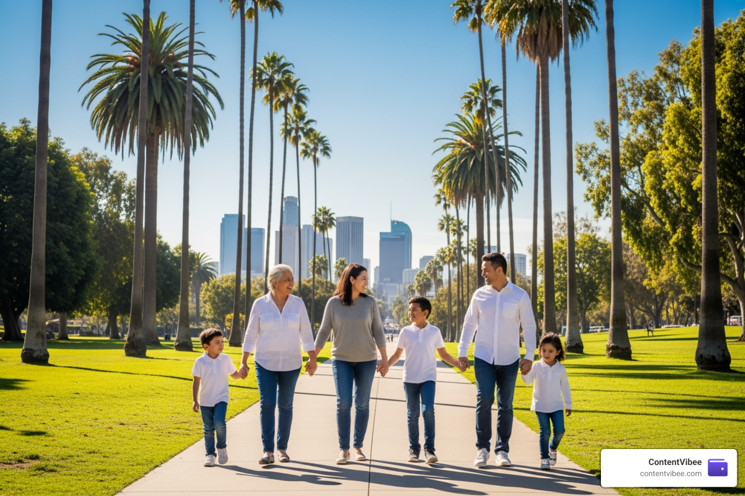 A family walking together in a sunny Los Angeles park, symbolizing hope and a secure future