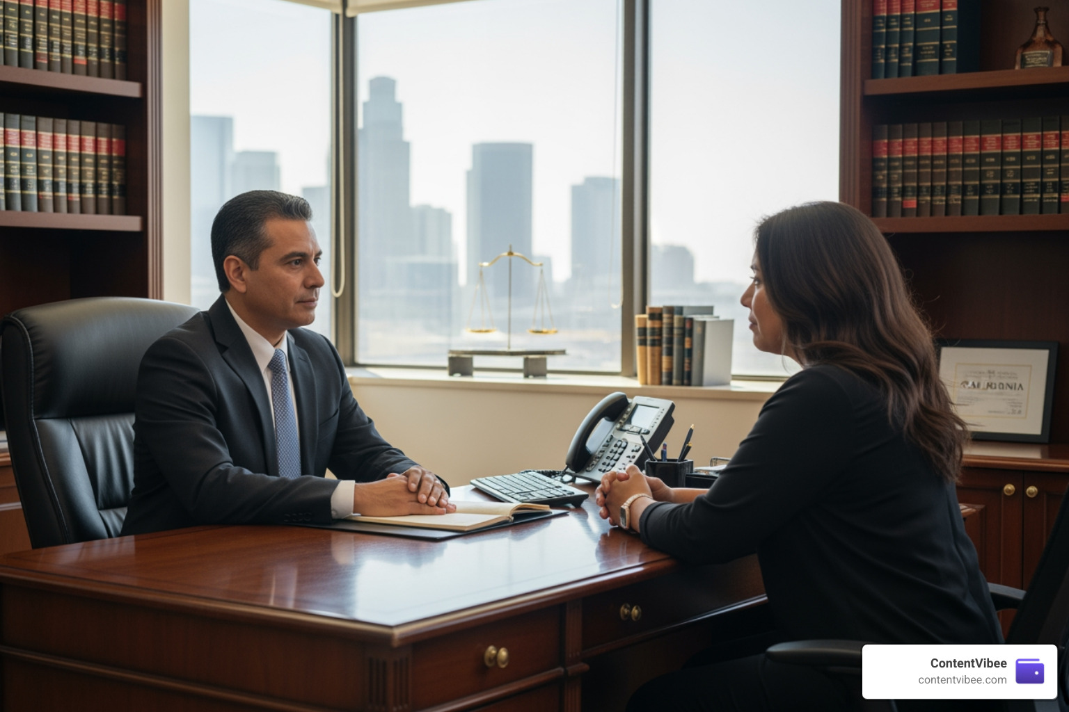 A compassionate legal consultation taking place in a professional Los Angeles law office