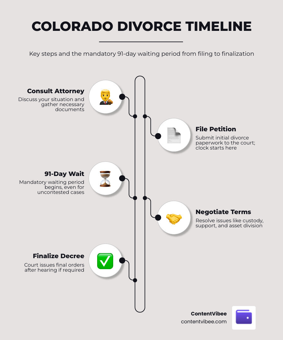 Colorado divorce timeline infographic showing 91-day waiting period, filing steps, and key milestones infographic