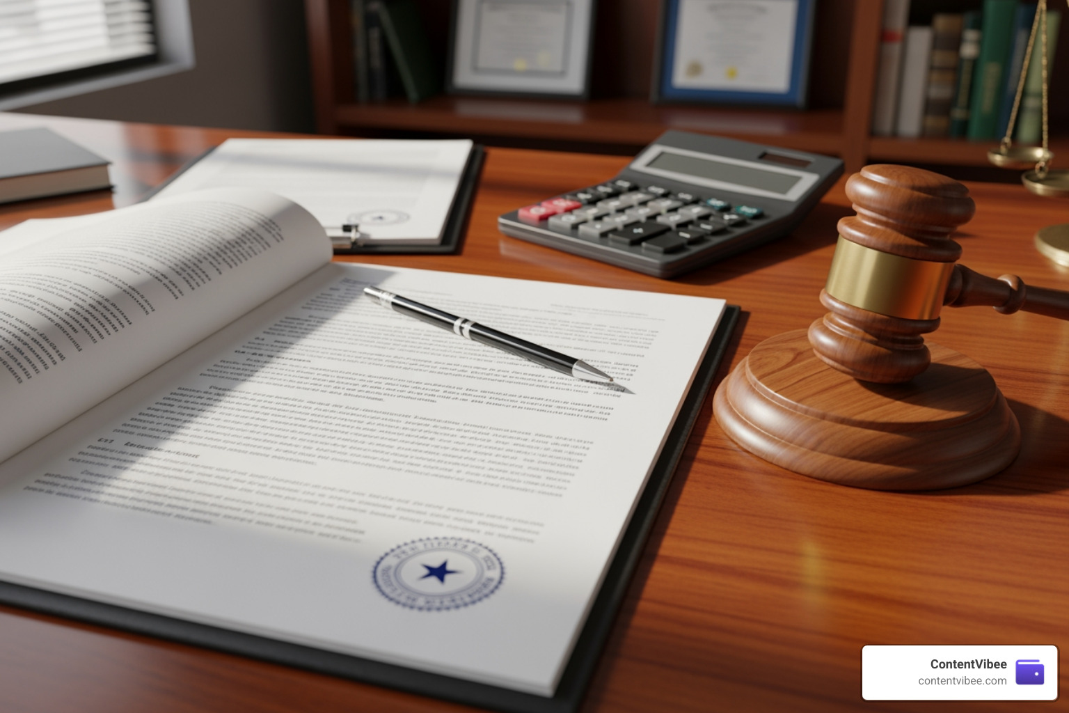 legal documents, a calculator, and a gavel on a desk