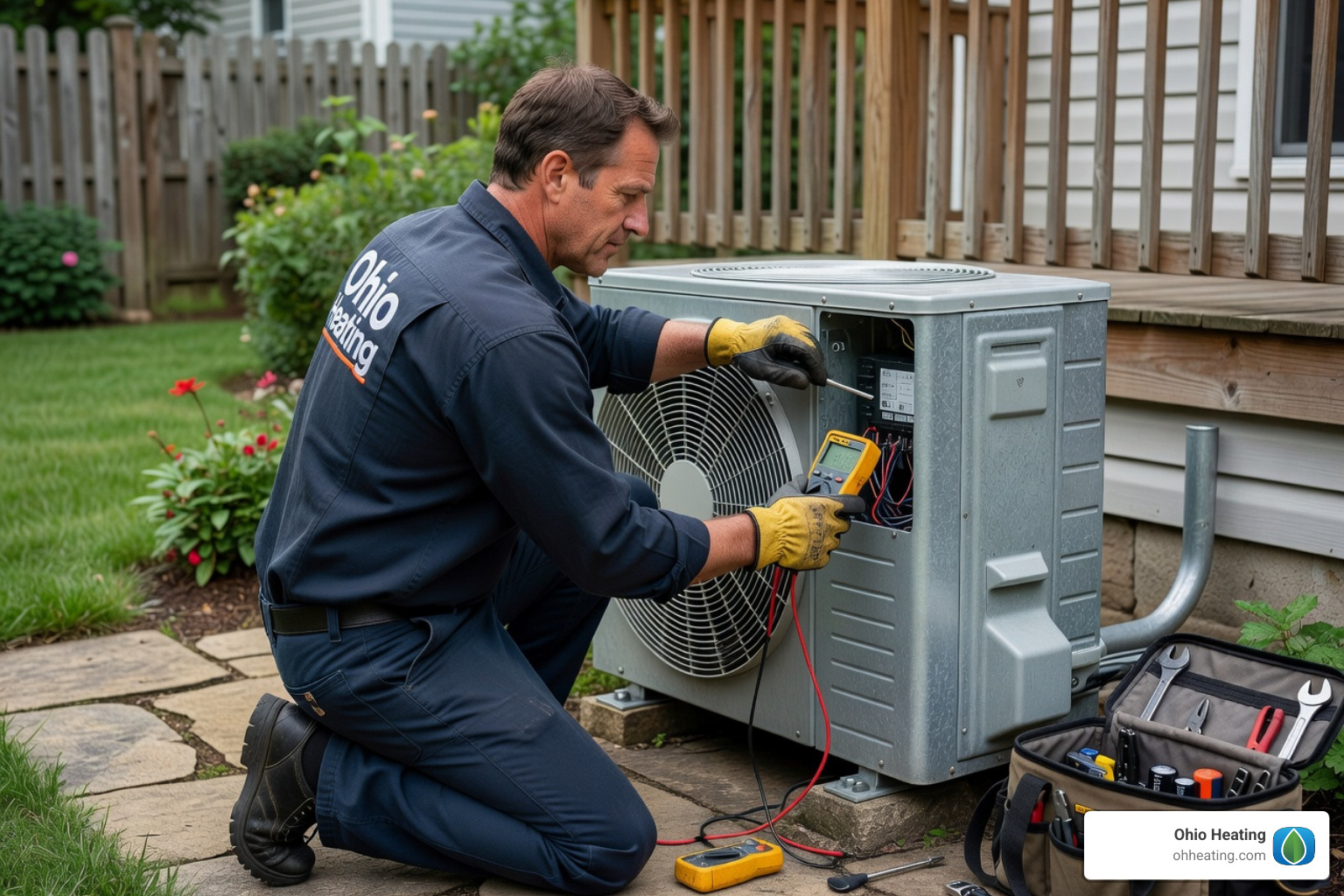outdoor condenser unit being inspected by a professional technician - ductless mini split ac unit