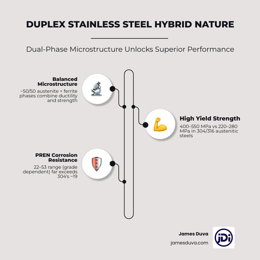 Infographic showing duplex stainless steel hybrid nature: dual-phase microstructure, strength vs austenitic, PREN ranges by