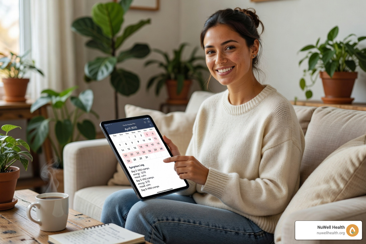 A woman tracking her menstrual cycle and symptoms on a digital tablet - natural hormone support