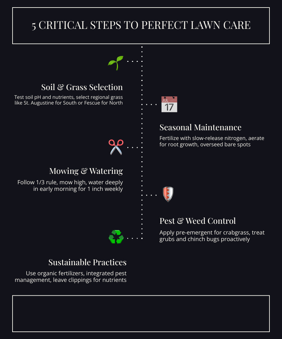 5 steps to perfect lawn care infographic with soil, schedule, mowing, pest control, and sustainability infographic