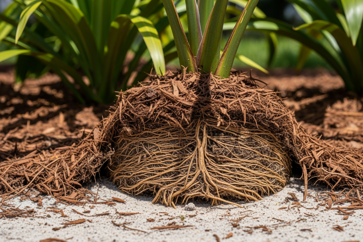 Healthy plant roots protected by a thick layer of mulch in a Florida garden