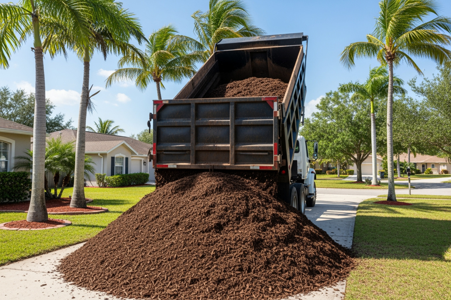 Bulk mulch delivery being dropped in a residential driveway in Land O' Lakes FL